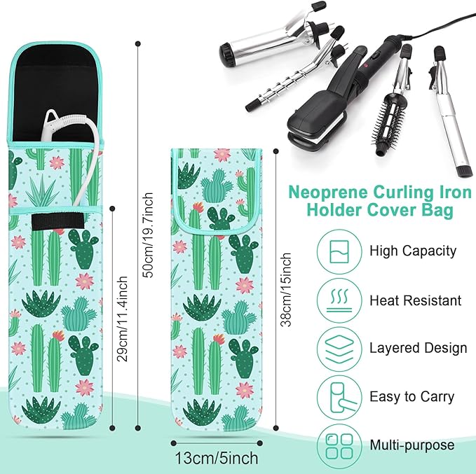 Shappy 2 Pcs Curling Iron Travel Case Cover Heat Resistant Flat Iron Holder Case Sleeve Neoprene Straightener Holder and Silicone Hot Hair Tools Mat Bag(Cactus Style)