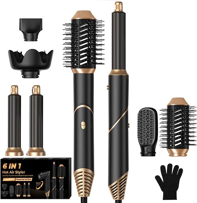 6 in ONE Blow Dryer Brush, Curling Wand Hair Styling Tools Set, Ionic Hot Air Hair Dryer, Massage Oval Hair Dryer, Left&Right Hair Curlers 100-120V
