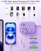 6 USB Purple Travel Power Strip- 5Ft Purple Extension Cord - Image 3