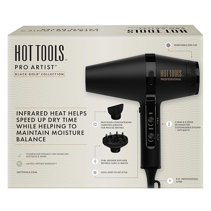 HOT Tools Pro Artist Black Gold Infrared Ionic™ Salon Dryer | Fast Drying, Styling and Smooth Results (Black)