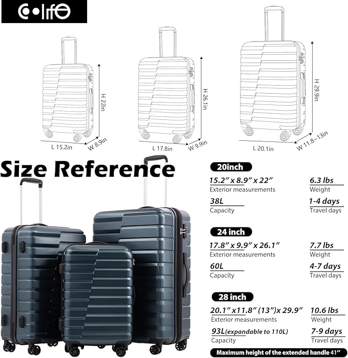 COOLIFE Luggage Expandable Suitcase PC ABS TSA Luggage 3 Piece Set Lock Spinner - Image 7
