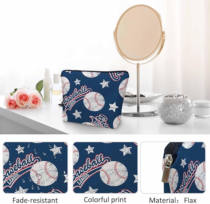 Baseball Makeup Organizer Bag Cosmetic Bag For Men Women, Sports Ball Softball Baseball Blue Travel Toiletry Bag Flax Makeup Bags Purse Business Makeup Pouch For Toiletries Cosmetics