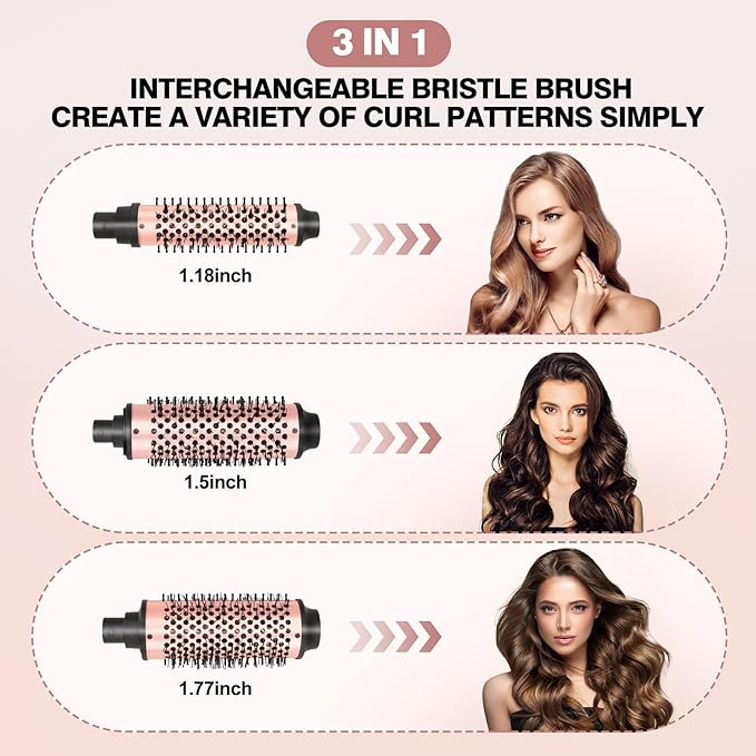 Thermal Brush Set, 3-in-1 Non-Blowing Heated Round Brush with Adjustable Temp, Fast Heating Titanium Ceramic, Dual Voltage, Hair Curling Iron with Detachable Barrels (1.18/1.5/1.77")
