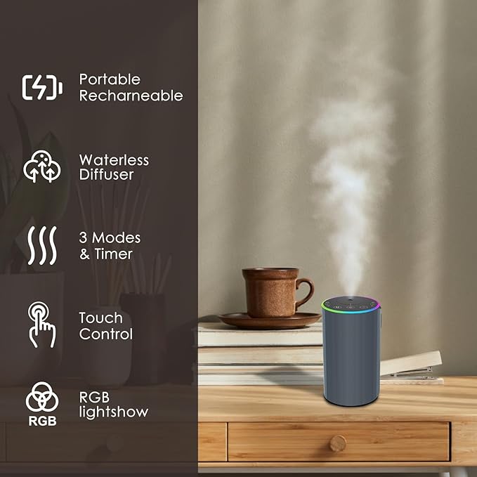 Waterless Essential Oil Diffuser, Battery Powered Mini Scent Air Machine, Aromatherapy Mist Diffuser for Home Room Car Office (Grey)