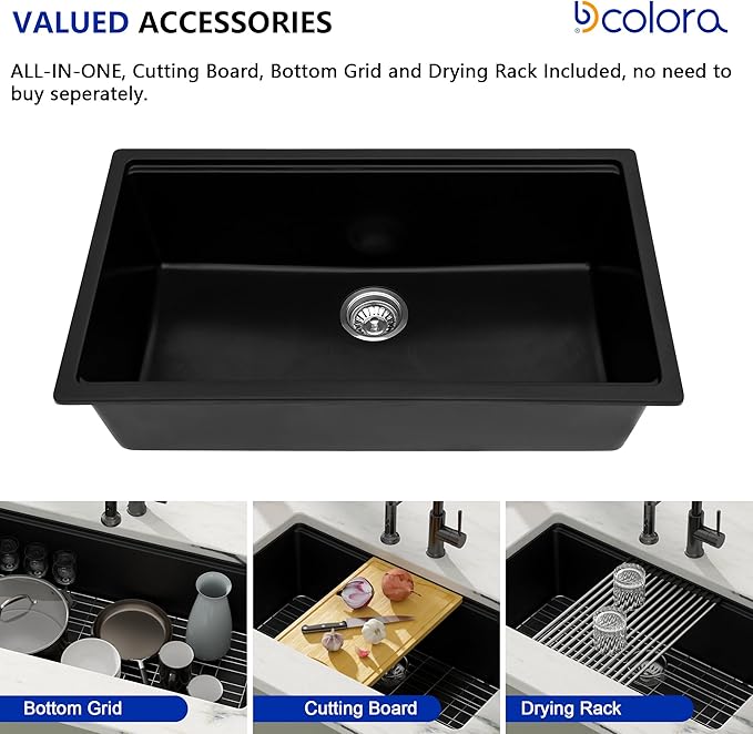 Dcolora 32 inches Granite Composite Kitchen Sink Workstation Black Undermount - Image 4
