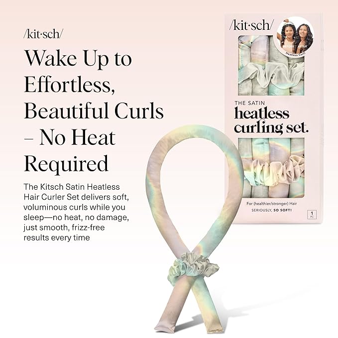 Kitsch Satin Heatless Curlers Set – Heatless Curls Overnight with Hair Curler & 2 Satin Scrunchies – Comfortable Hair Curlers to Sleep In for Frizz-Free, No Heat Damage Styling - Aura