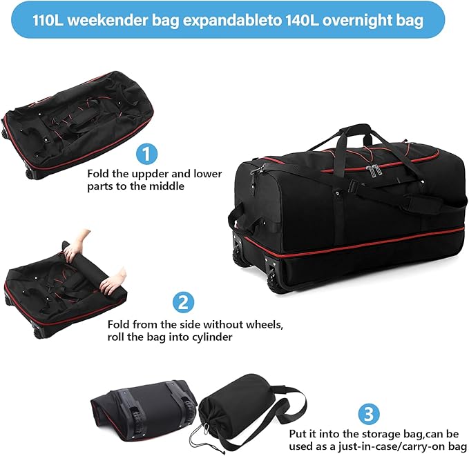 Vomgomfom Wheeled Collapsible Duffel Bag, 110L-140L Expandable Checked Luggage - Image 5