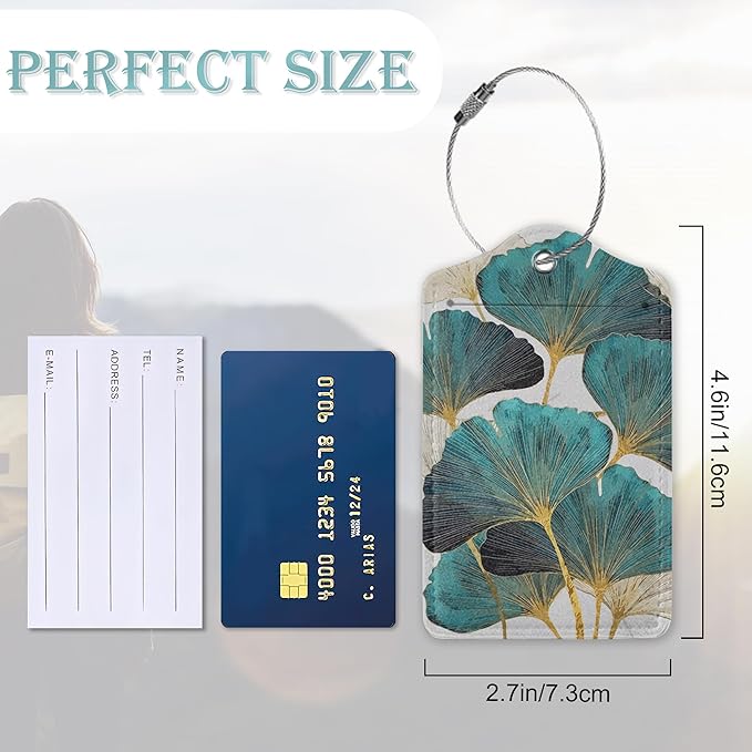 2 Pack Luggage Tag for Suitcases Green Ginkgo Leaf PU Leather Bag Travel - Image 3