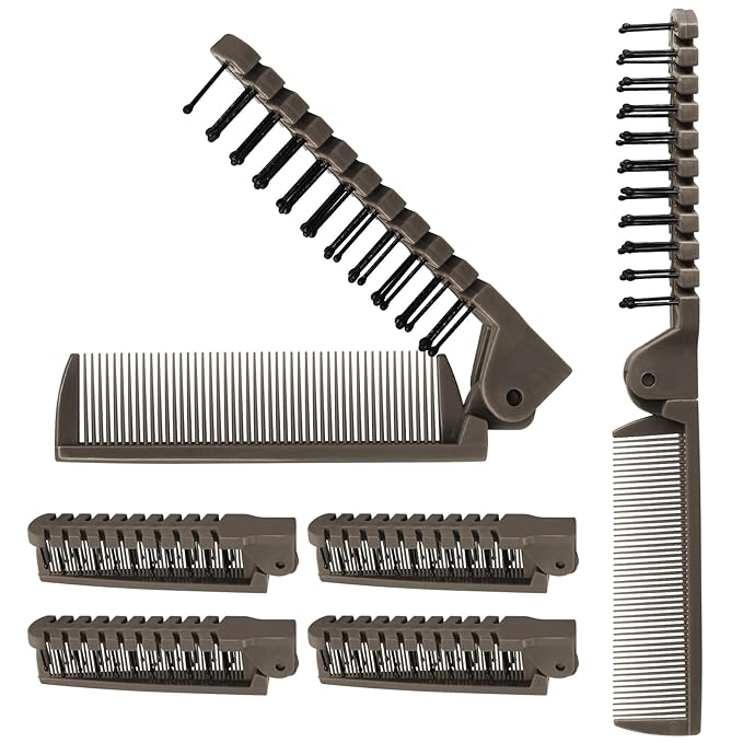 6PCS Travel Foldable Brush Comb Portable Hairbrush, Anti-Static Mini Pocket Hair Comb, Double Headed Hair Brush Hairdressing Tools Plastic Folding Hairbrush for Men Women (Coffee)