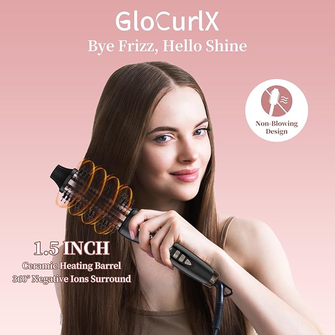 1 1/2 inch Heated Round Brush, 3-in-1 Ceramic Hair Curler Straightener and Volumizer with Negative Ions, Electric Styling Brush Curling Iron for All Hair Types