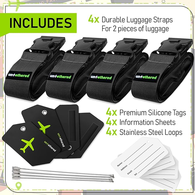 Untethered Ultimate Travel Set: 4 Premium Luggage Straps and 4 Silicone Tags - Image 3
