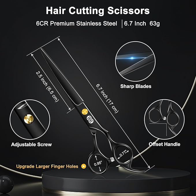 CIICII Hair Cutting Scissors Shears Kit, Professional Barber Haircut Scissors Set (6.7 Inch Hair Beard Hairdressing Trimming Haircutting Thinning Shears) for Men Women Hairdresser Home Salon (Black)