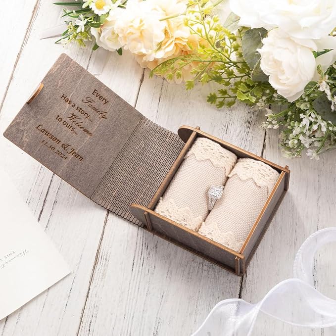 Personalized Double Ring Box – Rustic Wooden Engagement & Wedding Ring Holder - Image 3