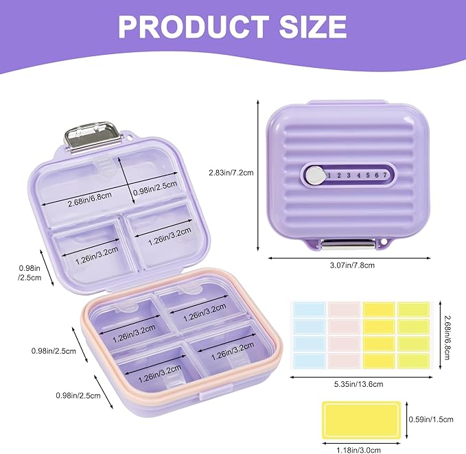 Travel Pill Organizer Box with Labels, 7 Compartments Portable Mini Pill Case - Image 2