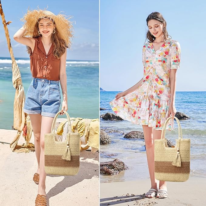 Straw Beach Bags for Women Woven Beach Tote Bag Casual Boho Large Shoulder - Image 2