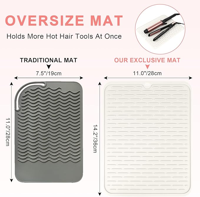 Oversize Silicone Heat Resistant Mat for Curling Irons, Flat Irons, Hair Straighteners and Hot Hair Styling Tools, Portable Hot Tools Cover Pad for Travel Vanity Salon(14.2" x 11.0")
