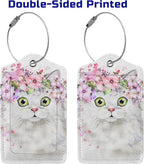 2 Pcs Cute White Cat with Pink Flowers Pattern Leather Luggage Tags, Funny - Image 4