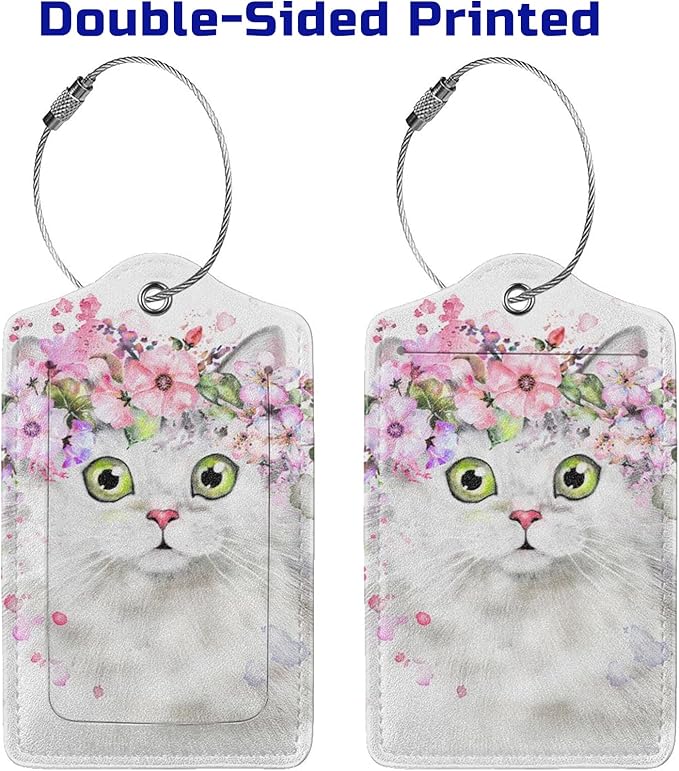 2 Pcs Cute White Cat with Pink Flowers Pattern Leather Luggage Tags, Funny - Image 4