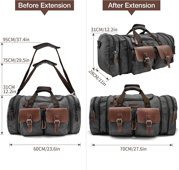 Wildroad 60L Travel Duffel Bag, Expandable Canvas Genuine Leather Duffle Bag - Image 7