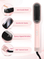 Hair Straightener Brush, ABVOT Airflow Ring Hair Straightener Comb Straightening Smoothing Comb with Hot Cooling Air Vents, Fast Heat Up, Auto Shut Off & Anti Scald Shell for Travel, Pink