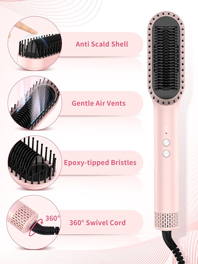 Hair Straightener Brush, ABVOT Airflow Ring Hair Straightener Comb Straightening Smoothing Comb with Hot Cooling Air Vents, Fast Heat Up, Auto Shut Off & Anti Scald Shell for Travel, Pink