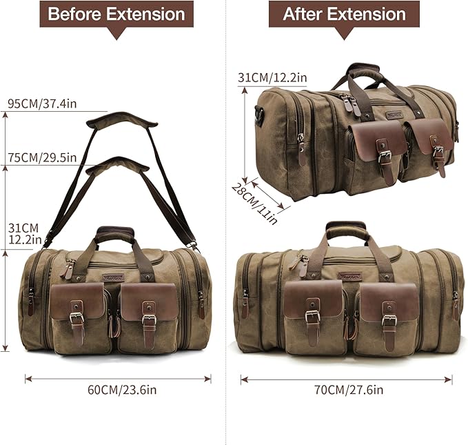 Wildroad 60L Travel Duffel Bag, Expandable Canvas Genuine Leather Duffle Bag - Image 7