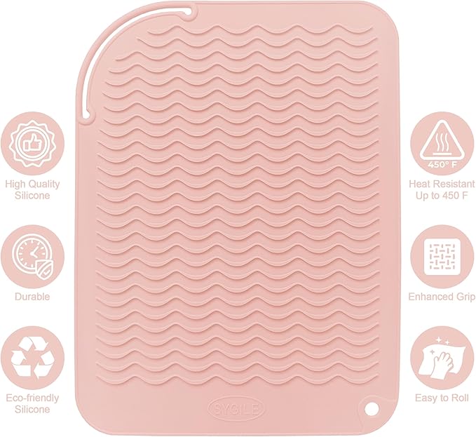 12" X 9" Large Heat Resistant Silicone Mat for Hair Styling Tools, Curling Iron Mat, Flat Iron Holder, Hair Straightener Pad, Makeup Mat, Hot Tools Mat for Travel Vanity Salon - Blush Pink