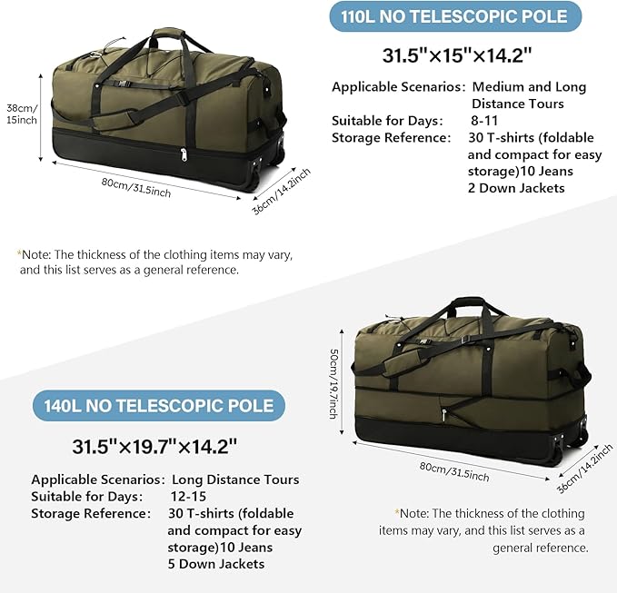 Rolling Duffle Bag with Wheels, 110L/140L Expandable Soft-Sided Foldable Duffle - Image 3