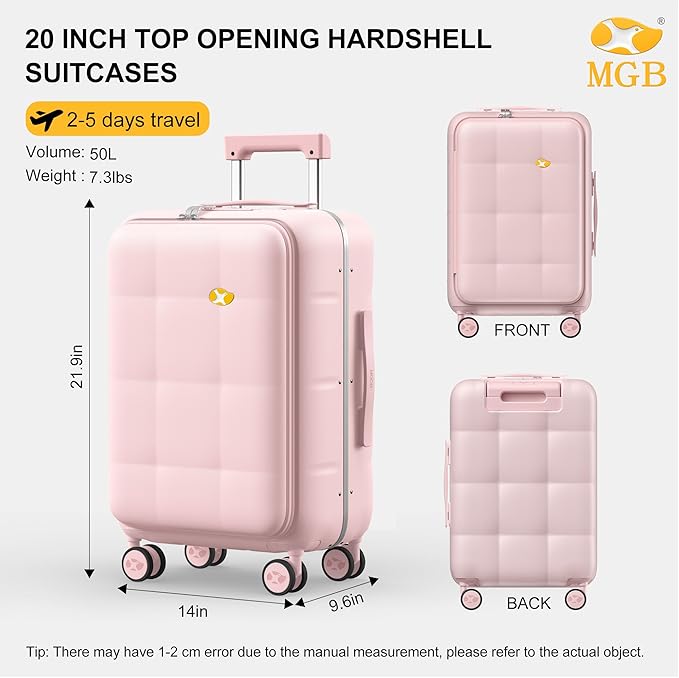MGB 20 Inch Top Open Carry On Luggage 22x14x9 Airline Approved, 100% PC Hard - Image 3
