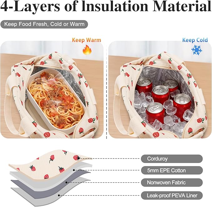Lunch Bag Lunch Box for Women Adults Men, Cute Strawberry Corduroy Insulated - Image 4