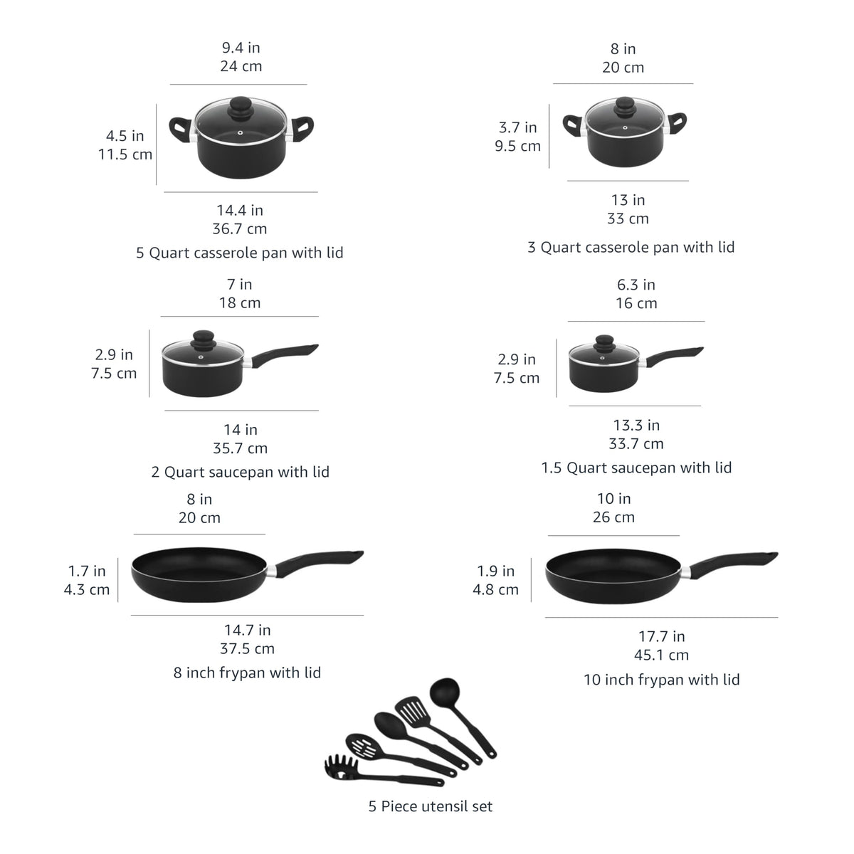Non Stick Kitchen Cookware 15 (15-Piece Set, Non-Induction)