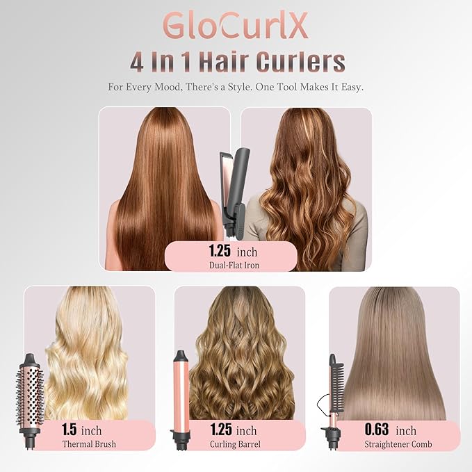 4-in-1 Curling Iron Set for Long Hair, Fast Heating Ceramic Ionic Hair Curler, Flat Iron & Hot Brush Combo, Frizz-Free Styling Tool with Dual Voltage for Home & Travel