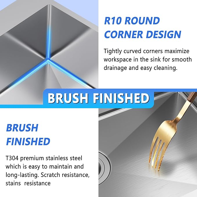 25x22 Inch Drop In Kitchen Sink, 25 Inch Kitchen Sink Top Mount 18 Gauge 304 - Image 3