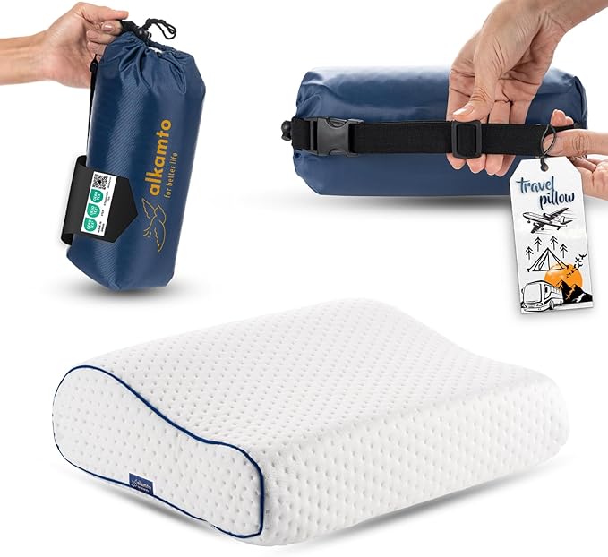 Travel & Camping Comfortable Memory Foam Pillow – Easy to Carry Portable Bag – by Alkamto