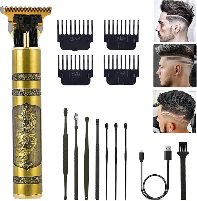Professional Cordless Hair Trimmer, T-Blade Clippers for Men, Zero Gapped Rechargeable Beard Trimmer, Hair Cutting Kit With Guide Combs, Ear Spoon Tool Set