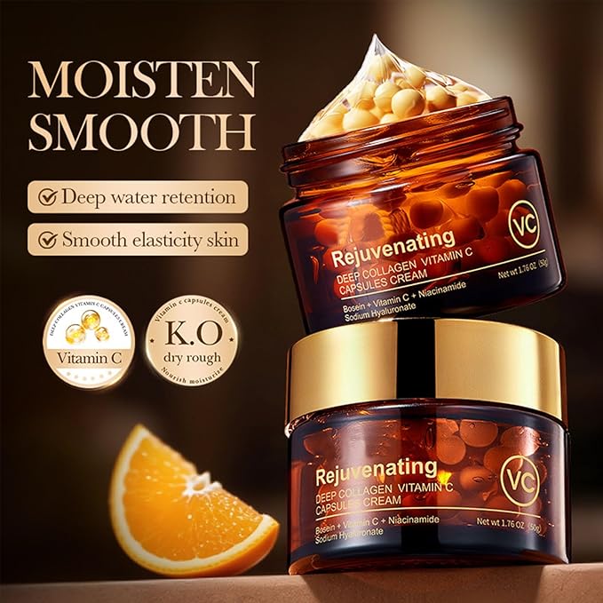 Deep Collagen Vitamin C Capsules Cream,Rejuvenating Anti-Wrinkle Moisturizer Face Cream,Nourish & Firm the Skin,Reduce Wrinkles,Enhance Elasticity Skin | For All Skins Typles 1.76Oz