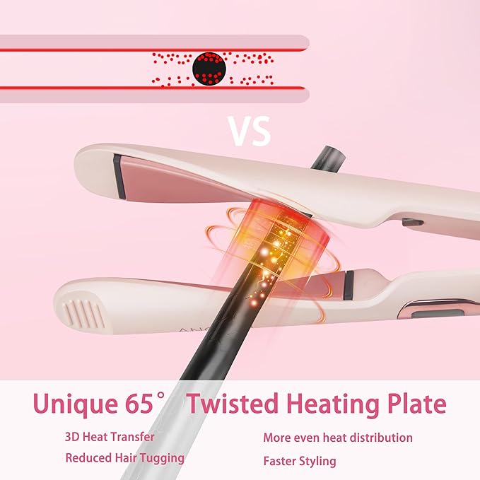 ANGENIL Pro Hair Straightener and Curler 2 in 1, Twist Flat Iron Hair Straightener for Women, Dual Voltage Round Pink Flat Iron with Anti-Scalding Silicone Mat, 11 Adjustable Temp for All Hair Types