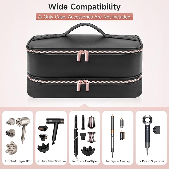 Travel Hair Dryer Case for Shark Flexstyle, Double-Layer Carrying Case for Shark Flex Style Blow Dryer, Portable Hair Tools Storage Organizer Bag for Shark Beauty Hairdryer Attchments(Black Rose Gold)