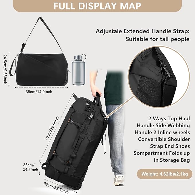Rolling Duffle Bag with Wheels, 86L 30”Folding Duffle Backpack with 2 Wheels - Image 6