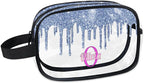 Custom Travel Clear Cosmetic Bag with Name, Personalized Large Capacity Weekend PVC Transparent Toiletry Bag Portable Bathroom Makeup Organizer, Grey Blue Water Fluid Shape Glittering