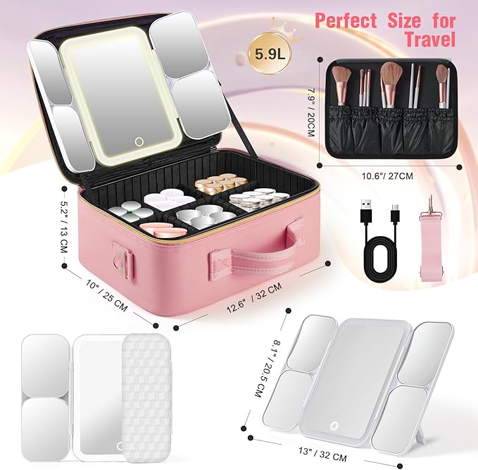 Mid-Size Makeup Bag with LED 1X5X10X20X30X Magnifying Mirror and Travel Makeup - Image 6