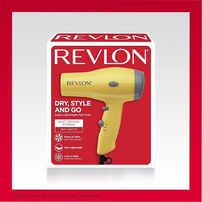 REVLON Compact Hair Dryer | 1875W Lightweight Design, Perfect for Travel, (Yellow)