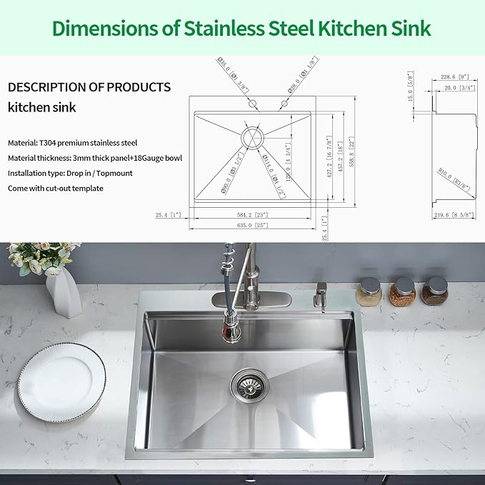 25 x 22 Inch Kitchen Sink, Drop In Stainless Steel Single Bowl Workstation Sink - Image 8