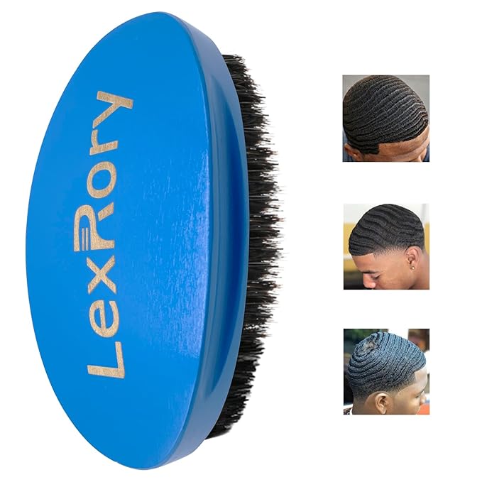 Wave Brush 360 Degree Curved for Men - Medium Hard Hair Brushes, Natural Palm Brush with Boar Bristles Firm Nylon for Wavy Hair Routine Brushing (Blue)