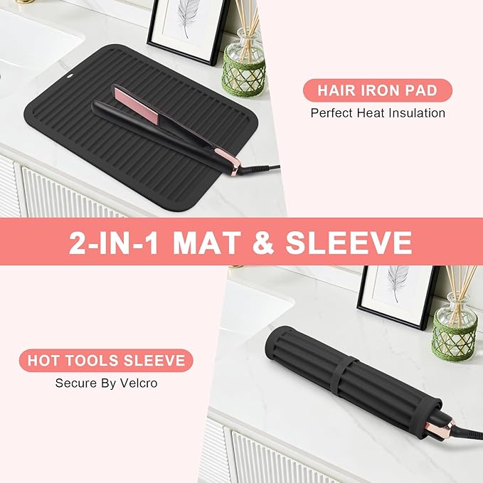 Oversize Silicone Heat Resistant Mat, Professional Hot Hair Tools Mat for Curling Iron, Flat Iron, Hair Straightener, Portable Hot Pad Cover with Velcro for Travel Home Salon(14.2" x 11.0")
