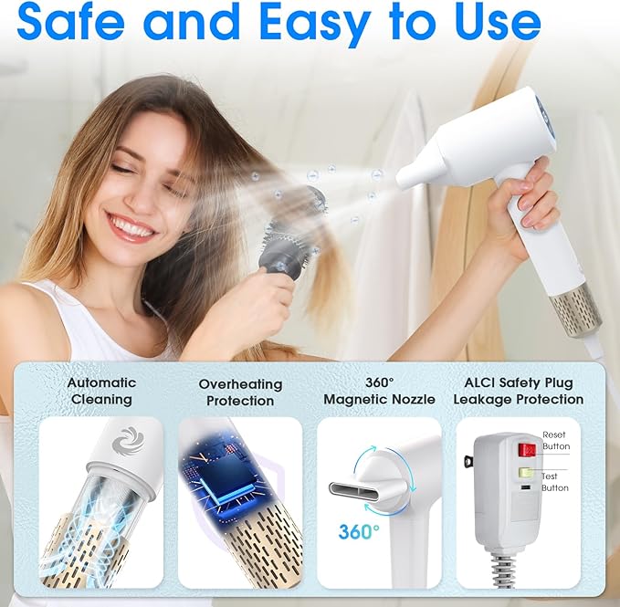 Hair Dryer, 1500W High Speed 110000 RPM Blow Dryer with Plasma Tech (Positive+Negative Ionic), LCD Display, 5 Modes, Thermo-Control, Low Noise, Fast Drying Travel Hair Dryer for Home or Travel(White)