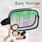 Personalized Name Toiletry Bag, Transparent PVC Large Travel Cosmetic Bag Portable Makeup Organizer Bag for Women Bathroom Shower Essentials, Water Flow Shape Lime Green Glitters