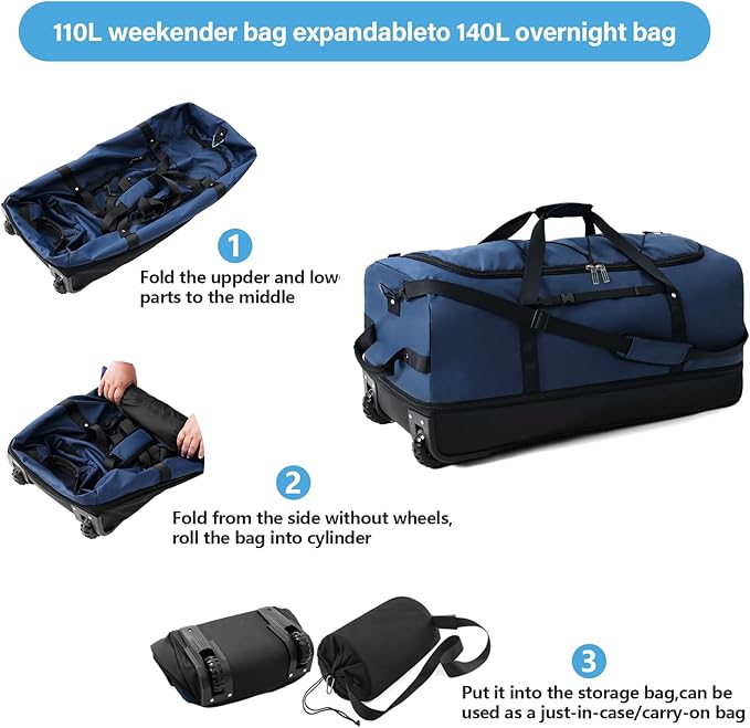 Vomgomfom Wheeled Collapsible Duffel Bag, 110L-140L Expandable Checked Luggage - Image 5