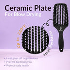 Curved Vented for Blow Drying - Boar Bristle Brush (Large) with Comfortable Handle - Soft Bristle Brush for Thick and Fine Hair - Natural Boar Bristles for Women, Men & Kids - Black