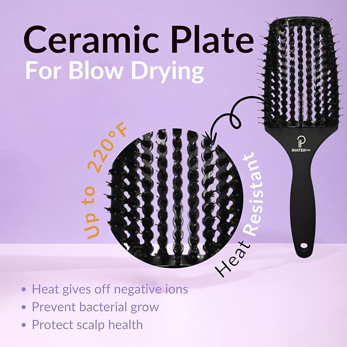 Curved Vented for Blow Drying - Boar Bristle Brush (Large) with Comfortable Handle - Soft Bristle Brush for Thick and Fine Hair - Natural Boar Bristles for Women, Men & Kids - Black